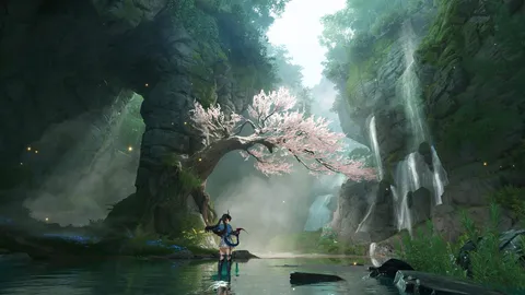 Lone figure standing in a misty Talos-II valley beside a waterfall and a blossoming tree