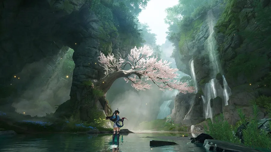 Lone figure standing in a misty Talos-II valley beside a waterfall and a blossoming tree