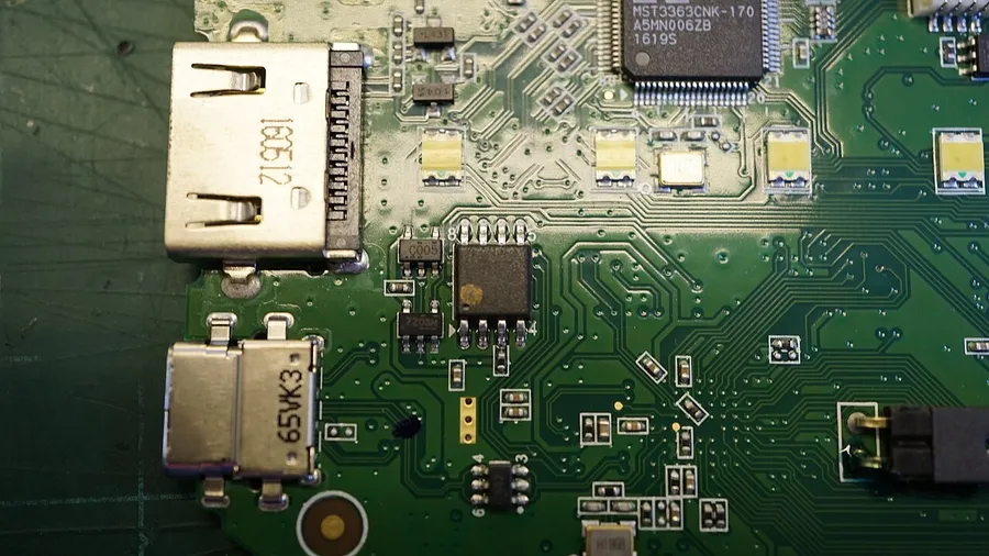 Circuit board inside an Elgato HD60 S capture card, with its HDMI and USB-C ports