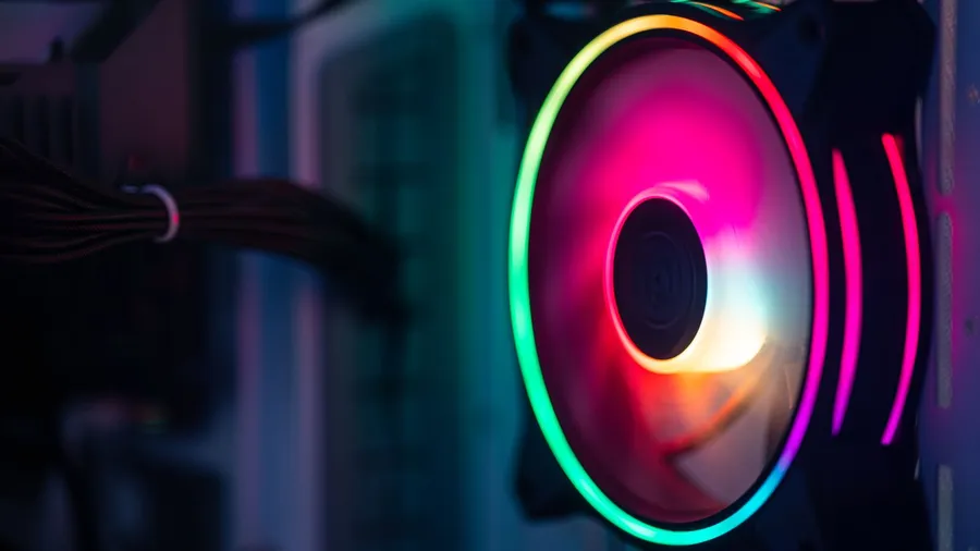 Close-up of an RGB PC cooling fan inside a gaming desktop