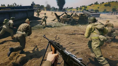 First-person view of a WWII squad advancing across a beach with a rifle in hand in Enlisted