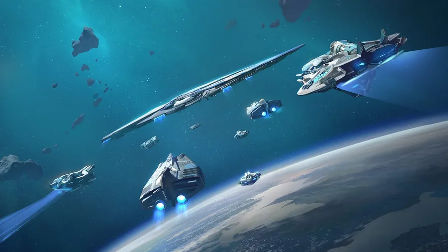 Fleet of sleek white starships flying above a blue planet in Foundation: Galactic Frontier