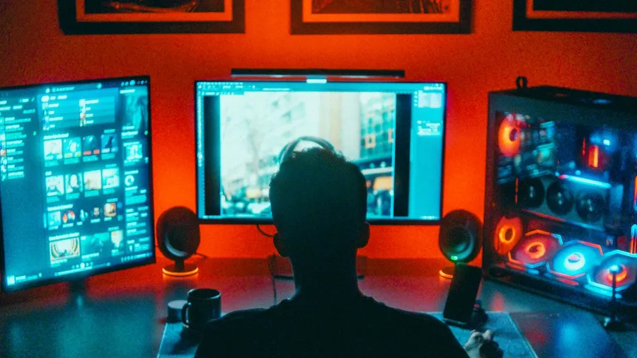 A gamer viewed from behind, sitting at a multi-monitor desktop setup with an open PC case