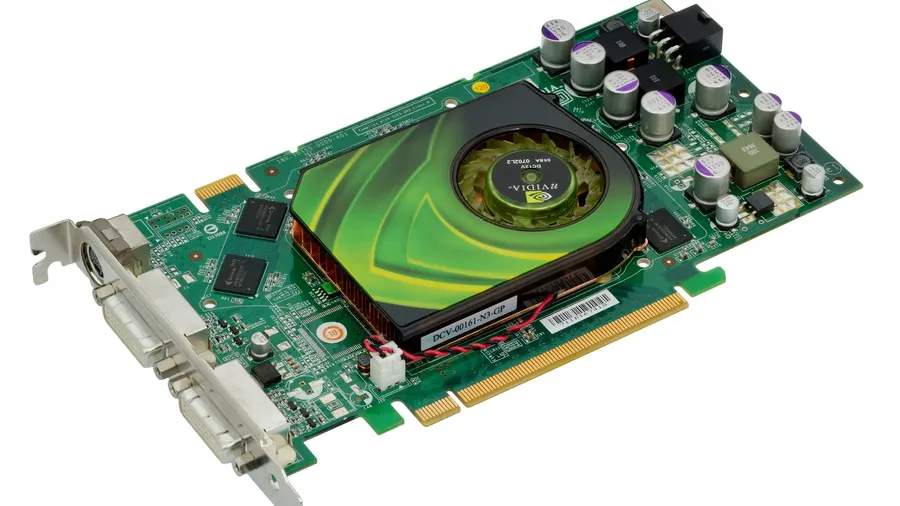 Graphics card with a green circuit board, a green cooler and fan, memory chips and two DVI ports