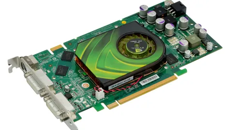 Graphics card with a green circuit board, a green cooler and fan, memory chips and two DVI ports