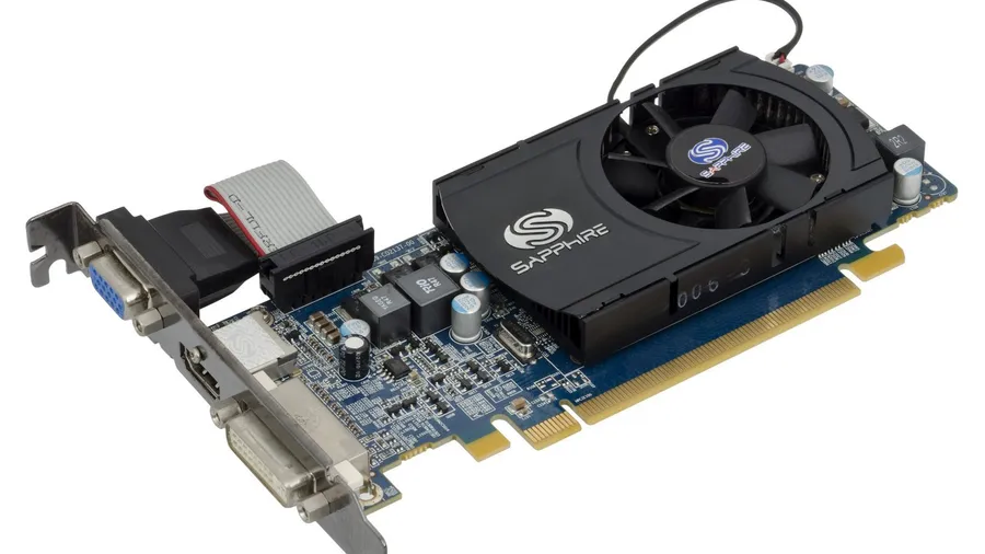Sapphire graphics card with a single cooling fan, photographed on a white background