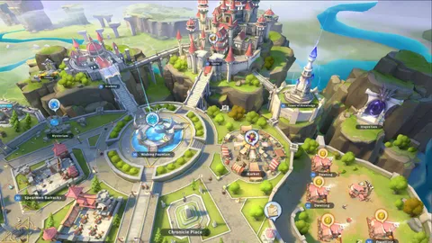 Colorful Infinity Kingdom castle city with towers and gardens seen from above