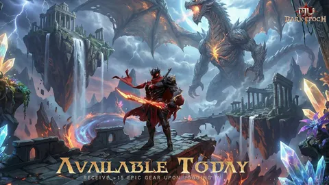 Armored MU: Dark Epoch warrior with a glowing sword facing a dragon above floating ruins