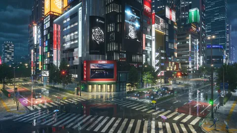Rain-soaked city intersection at night in NTE, lit by neon signs and video billboards