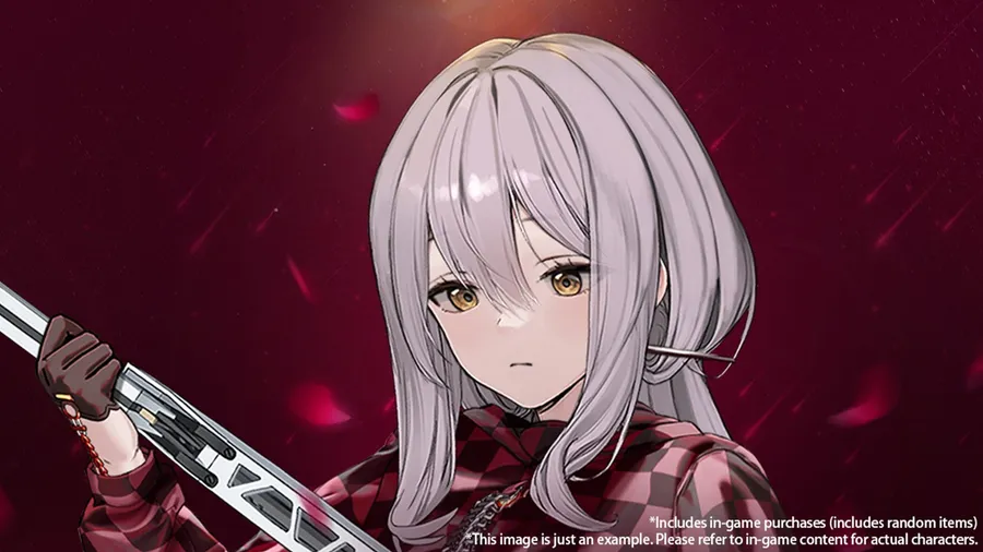 Nikke character with long silver hair holding a weapon against a deep red background