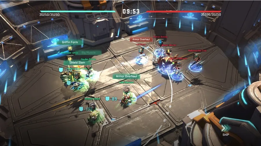 Top-down Project Entropy battle with mech units clashing inside a sci-fi arena
