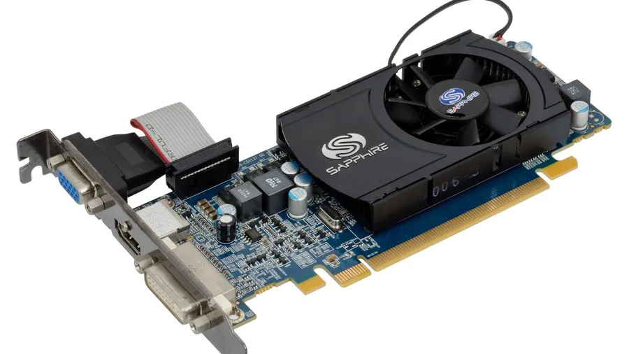 Low-profile graphics card with a black fan shroud, blue circuit board and VGA, HDMI and DVI ports