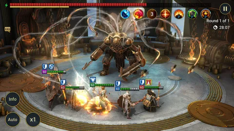 Raid: Shadow Legends team of champions battling a giant mechanical boss in an arena