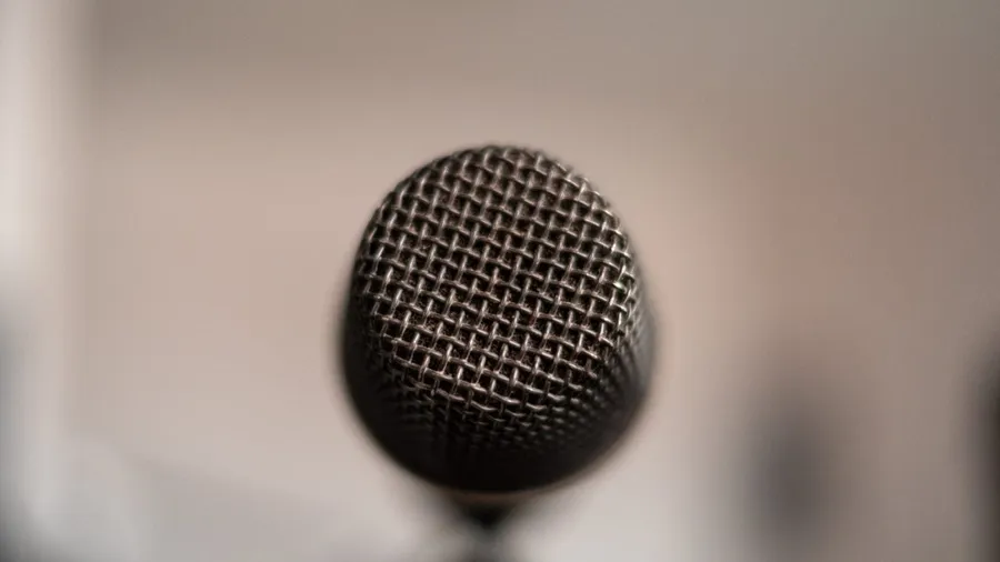Close-up of the grille of a dynamic microphone