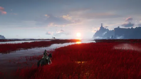 Rider crossing a field of red grass at sunset with a distant island fortress in Where Winds Meet