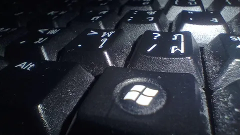 Close-up of a black keyboard with the Windows logo key in focus