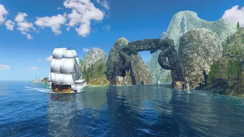 Three-masted sailing ship passing a huge natural rock arch on a bright sea in World of Sea Battle