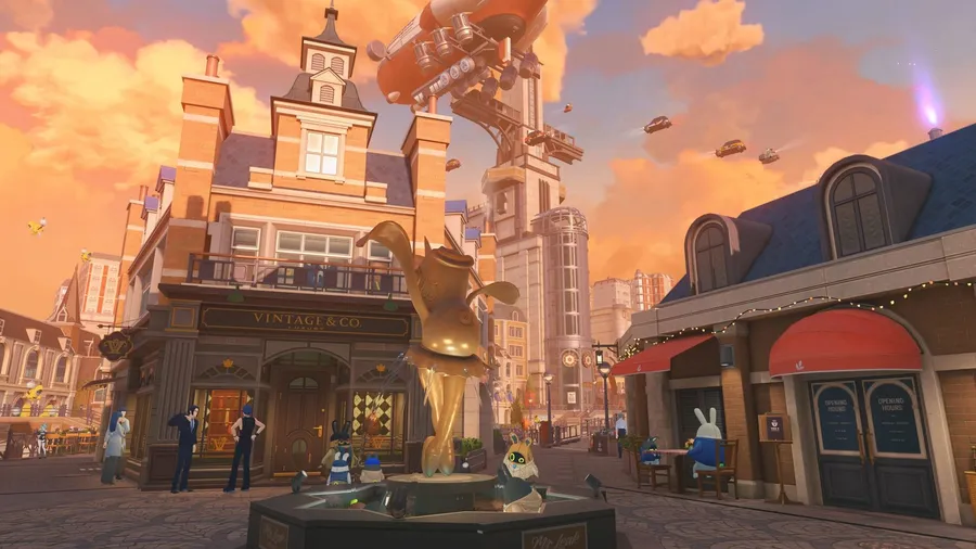 Sunset street corner in New Eridu with shops, a bright clock tower and pedestrians