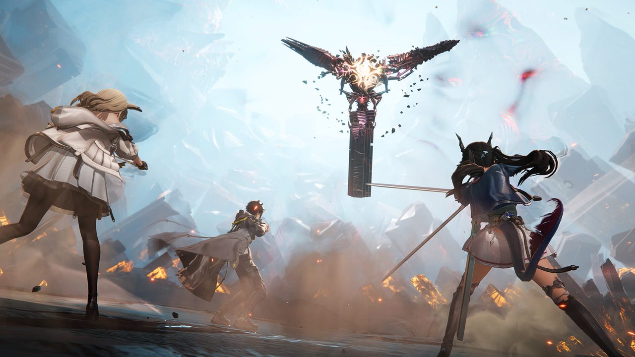 Two Arknights: Endfield Operators fighting a hovering mechanical enemy amid flying debris
