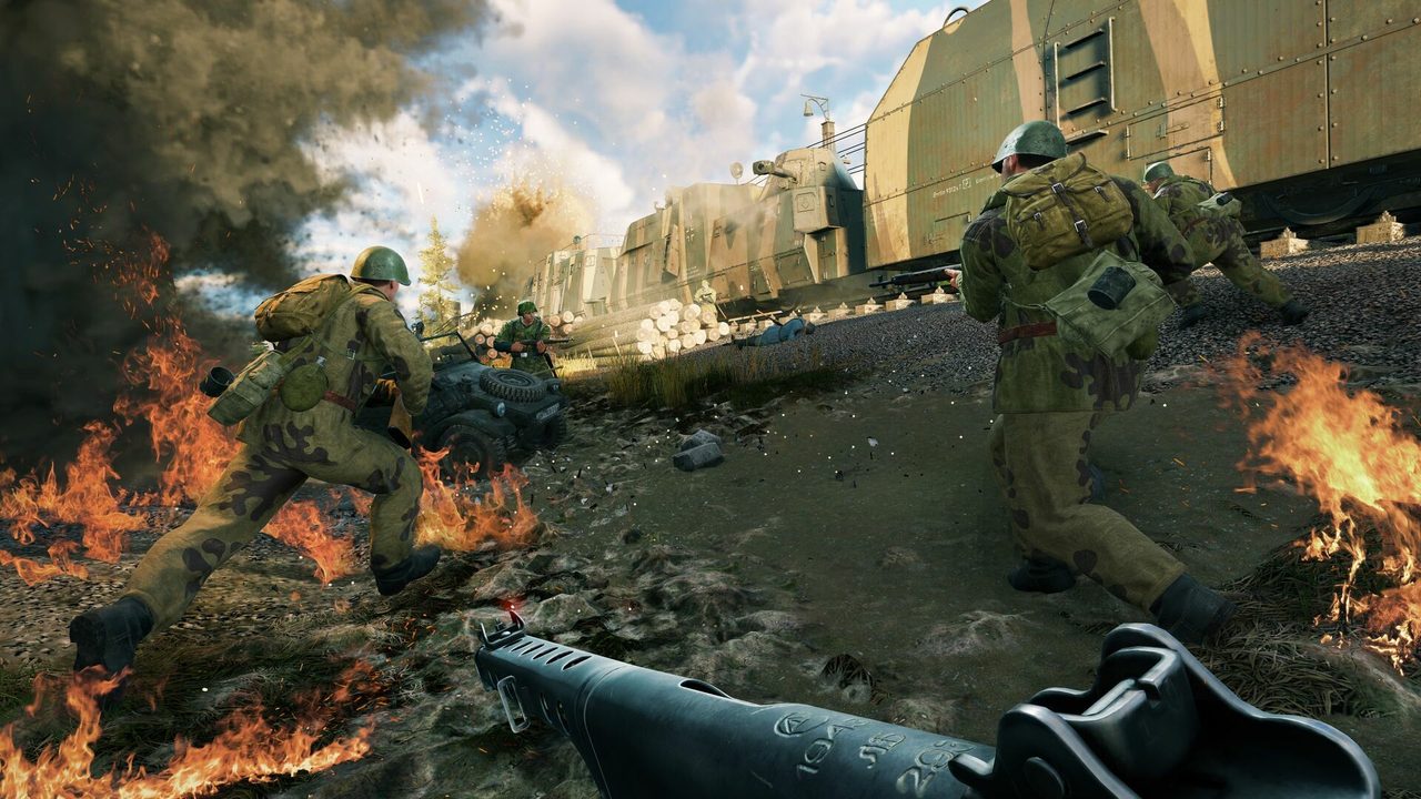 Soldiers fighting through flames beside an armored train in Enlisted