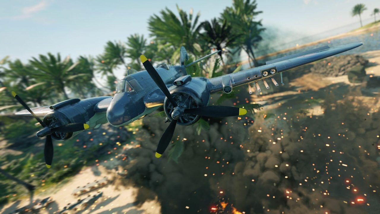 WWII fighter plane strafing a palm-covered Pacific beach in Enlisted
