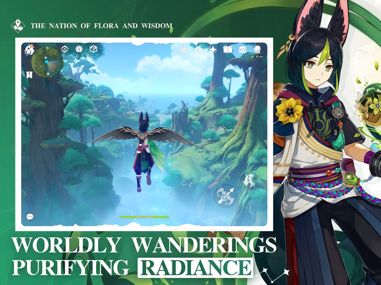 Genshin Impact promotional image showing a character gliding over a forest valley in Sumeru
