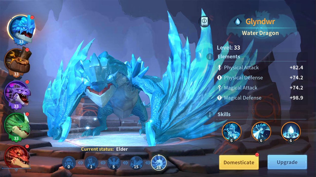 Infinity Kingdom dragon screen showing an ice-crystal water dragon and its stats