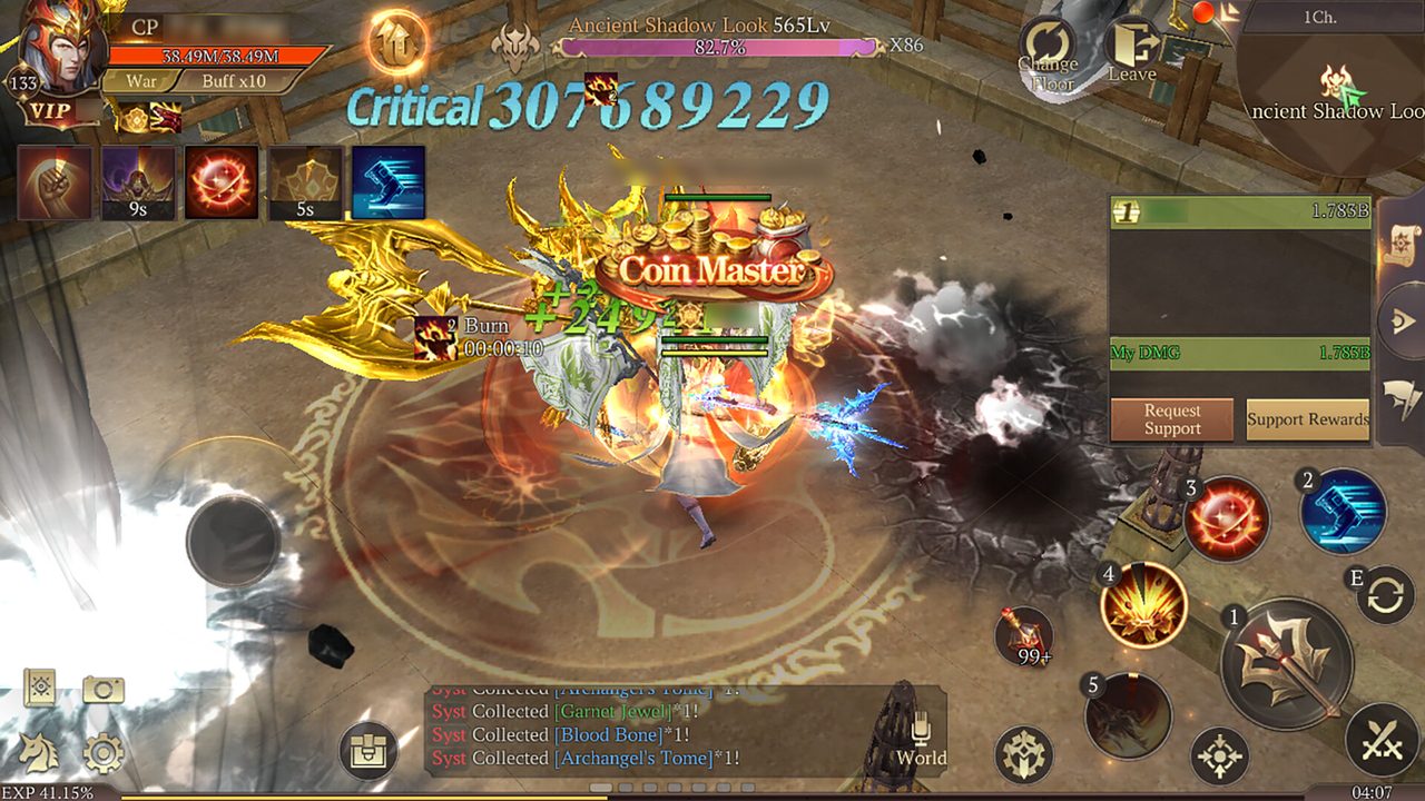 MU: Dark Epoch combat scene with a golden-winged character landing a critical hit