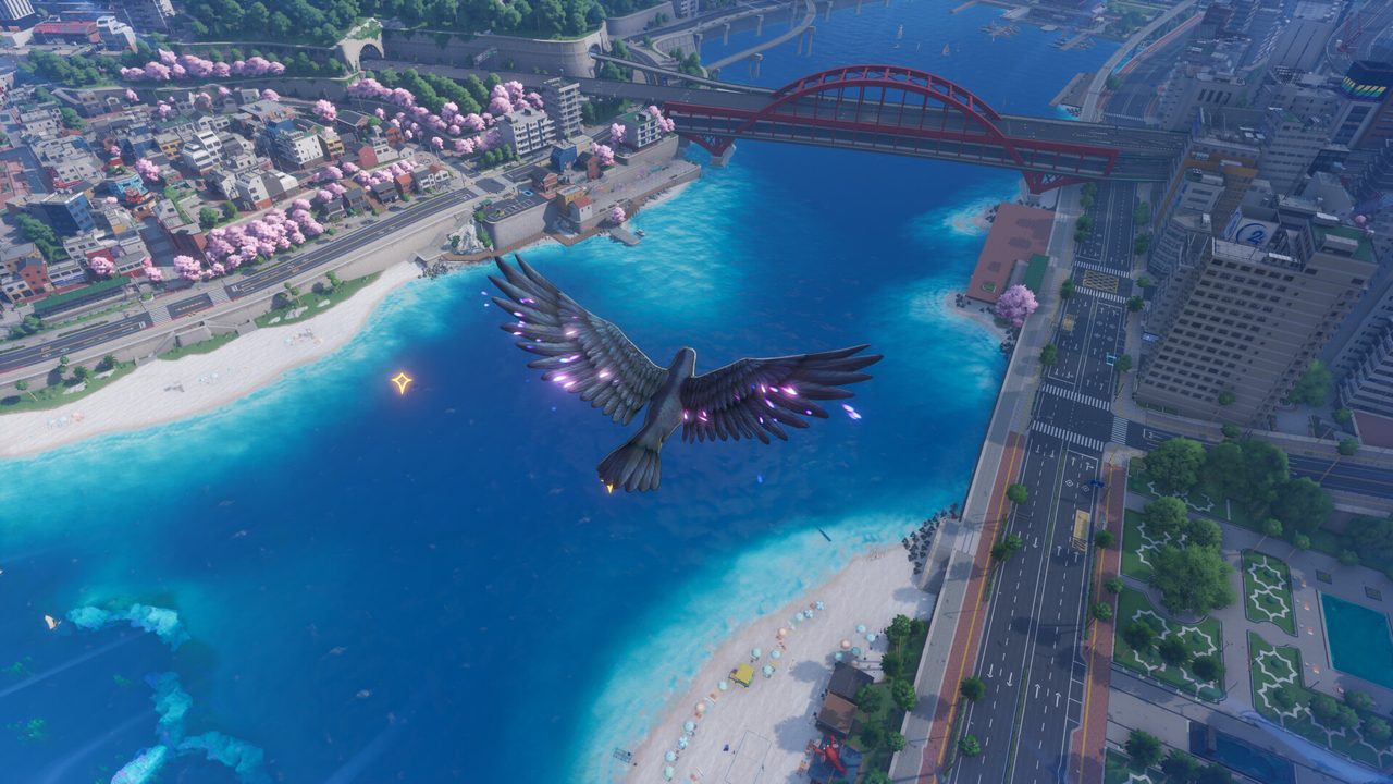 Aerial view of Hethereau's coastline and bridges with a winged creature gliding over the bay