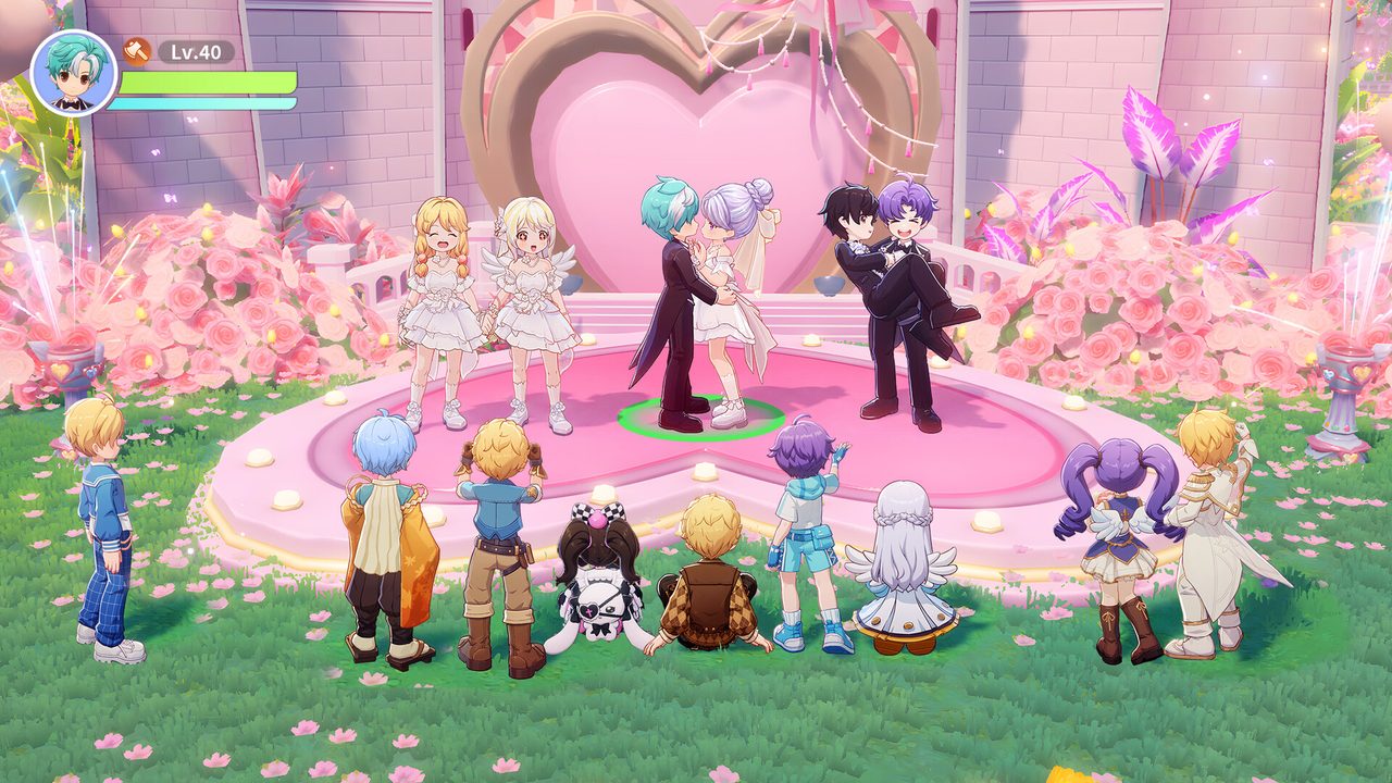 Crowd of Ragnarok players gathered for a wedding ceremony on a pink heart-shaped stage