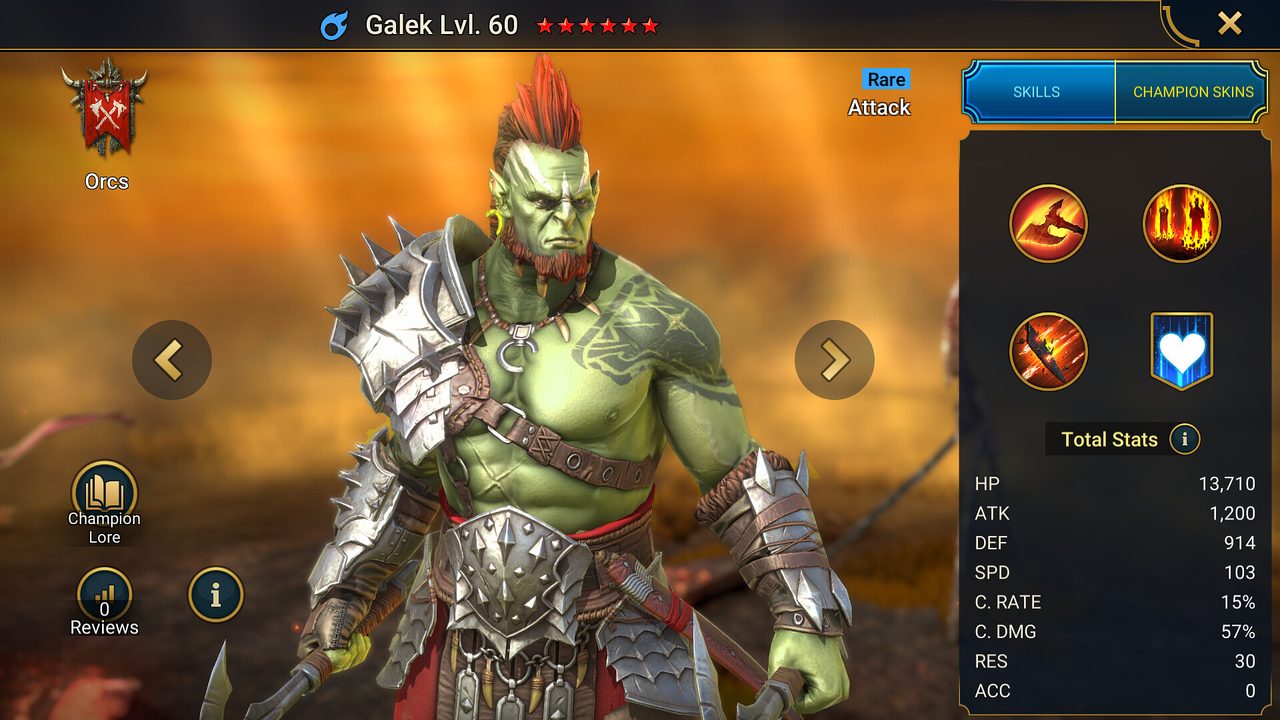 Raid: Shadow Legends champion screen showing an orc warlord with his stats and skills