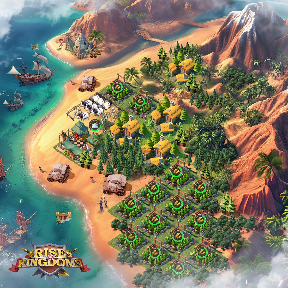 Rise of Kingdoms artwork of a farming village and fields on a tropical coastline