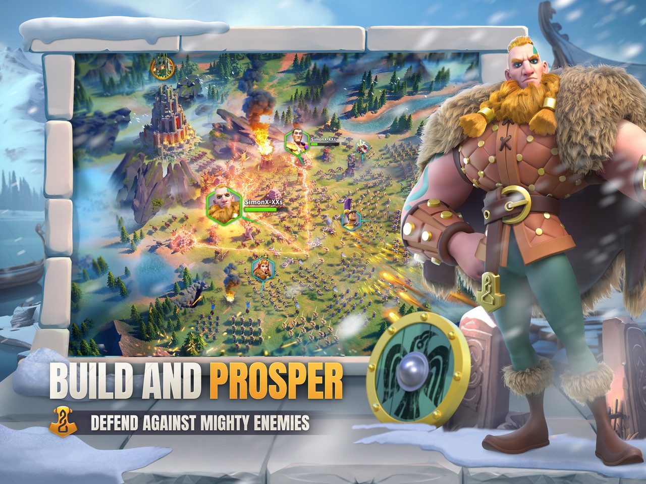 Rise of Kingdoms promotional image of a Viking commander beside a city map with the words Build and Prosper