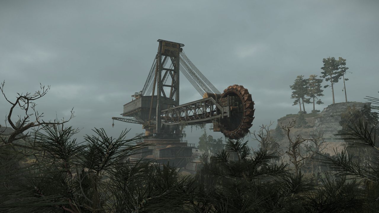Rusted bucket-wheel excavator looming over a foggy forest in STALZONE