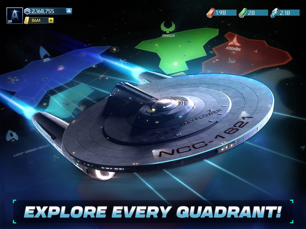 Star Trek Fleet Command image of a Starfleet ship flying through a nebula with the caption Explore Every Quadrant