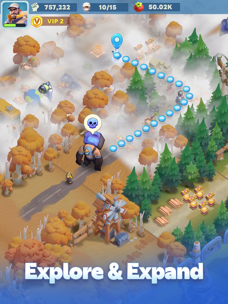 Tiles Survive! map showing a survivor exploring fog-covered tiles, captioned Explore and Expand