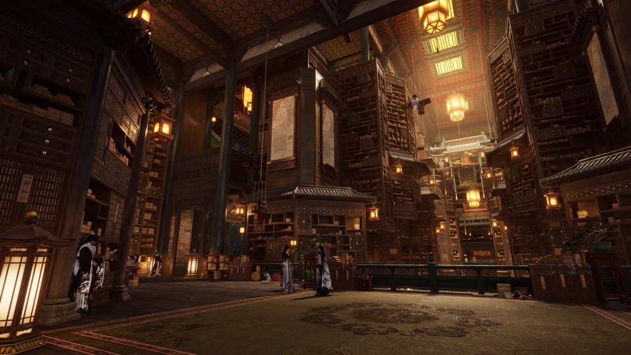 Grand interior of a Where Winds Meet library hall lined with wooden shelves and lanterns