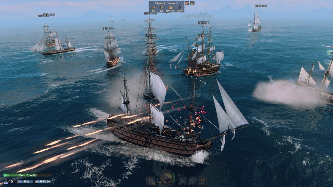 Line of warships trading cannon fire in a broadside battle in World of Sea Battle