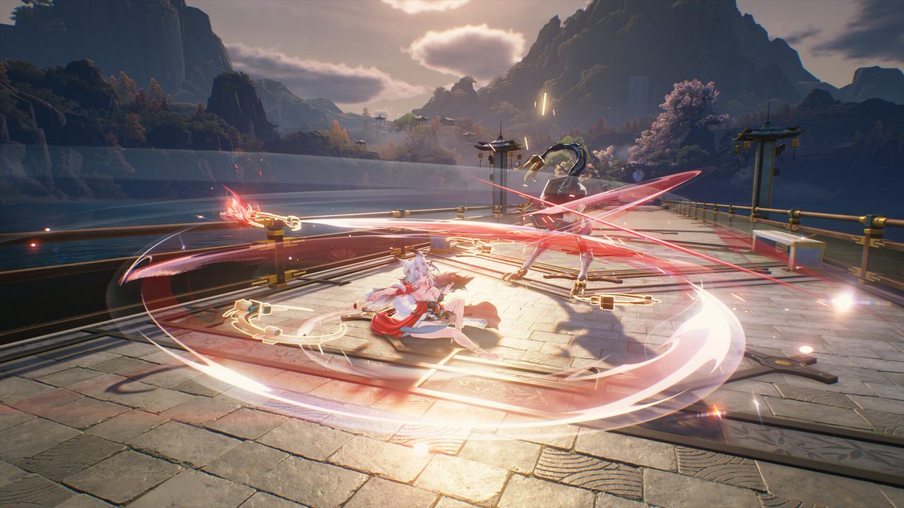 Wuthering Waves character mid-attack, sweeping a glowing red arc across a stone plaza