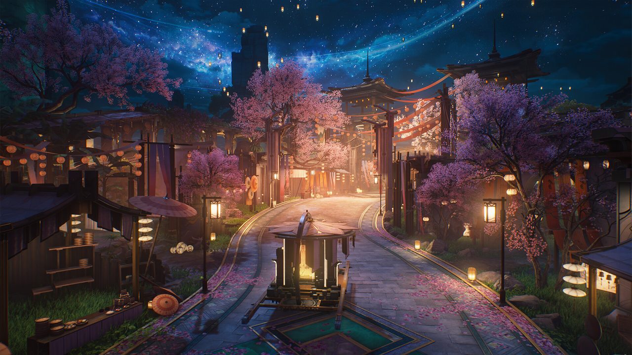 Lantern-lit Wuthering Waves town at night under blossoming purple trees