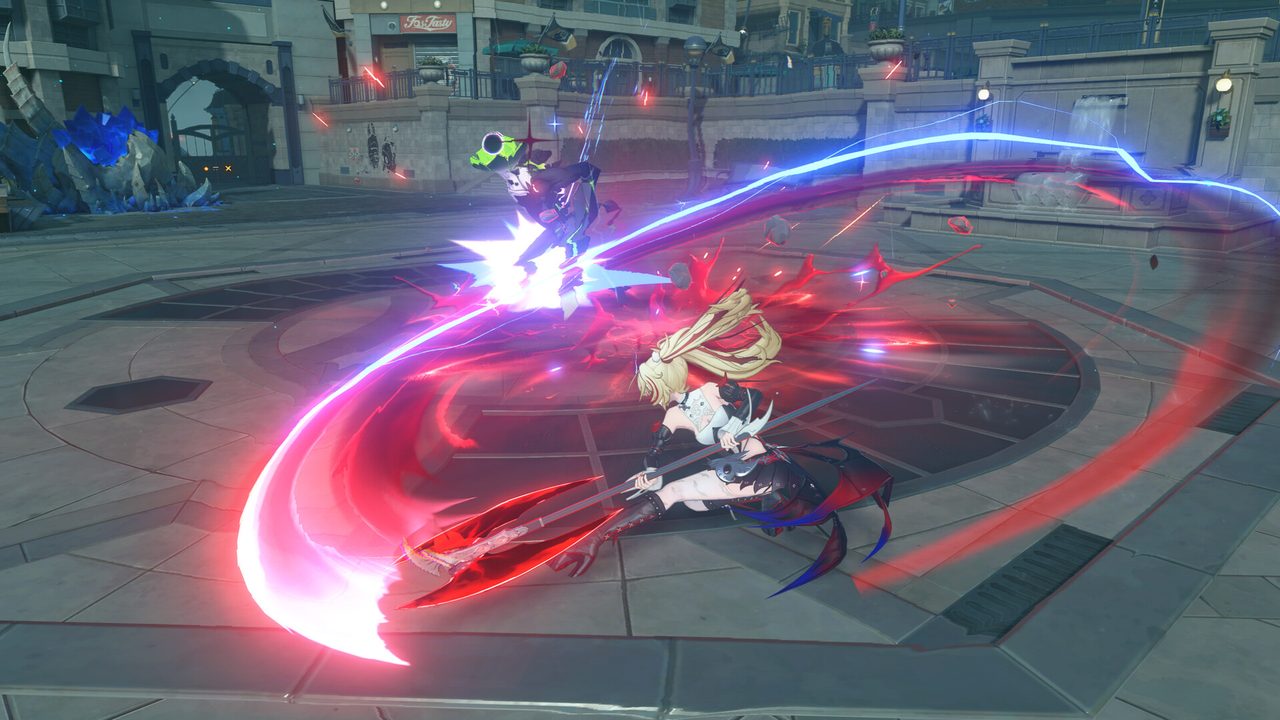 Zenless Zone Zero Agent slashing an enemy with a red energy arc in a ruined plaza