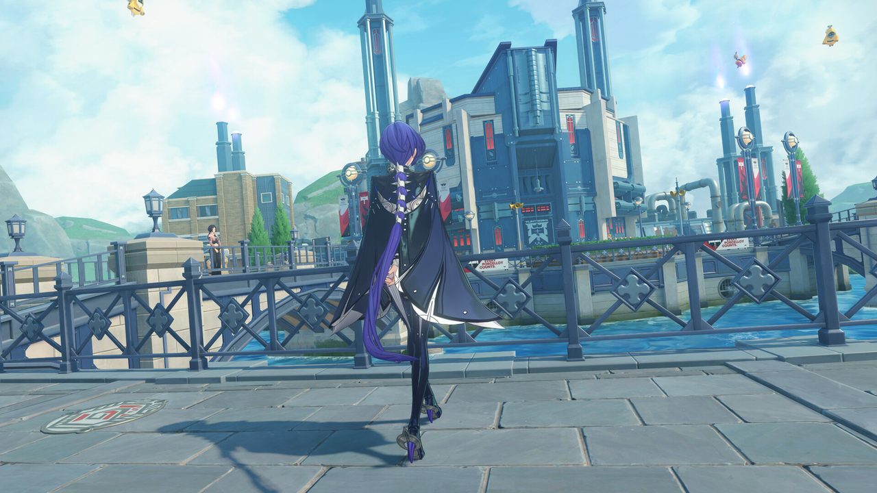 Zenless Zone Zero character in a long coat standing on a waterfront promenade in New Eridu